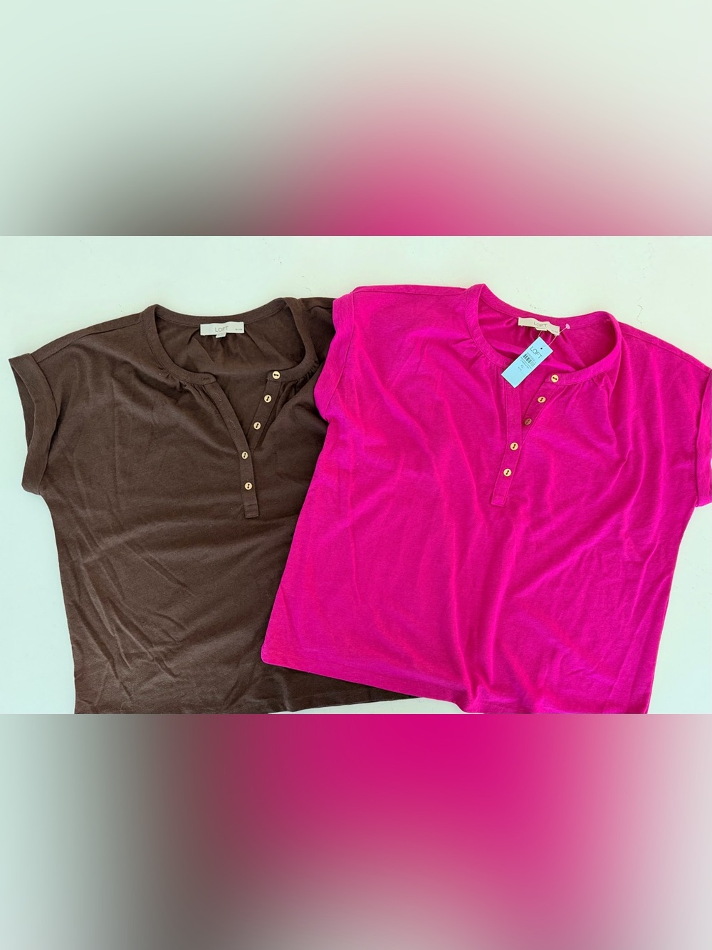 LOFT Short Sleeve Henley Tops - Hot Pink & Brown